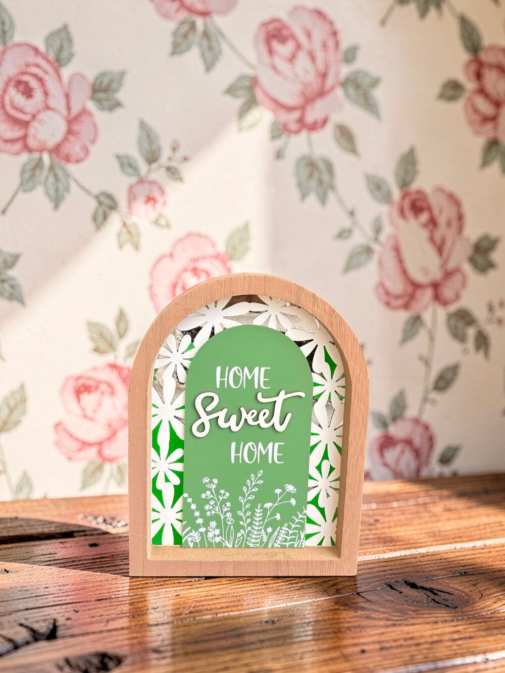 Home Sweet Home Wood Tabletop Sign 9” Floral Arch Farmhouse Cottage Decor New